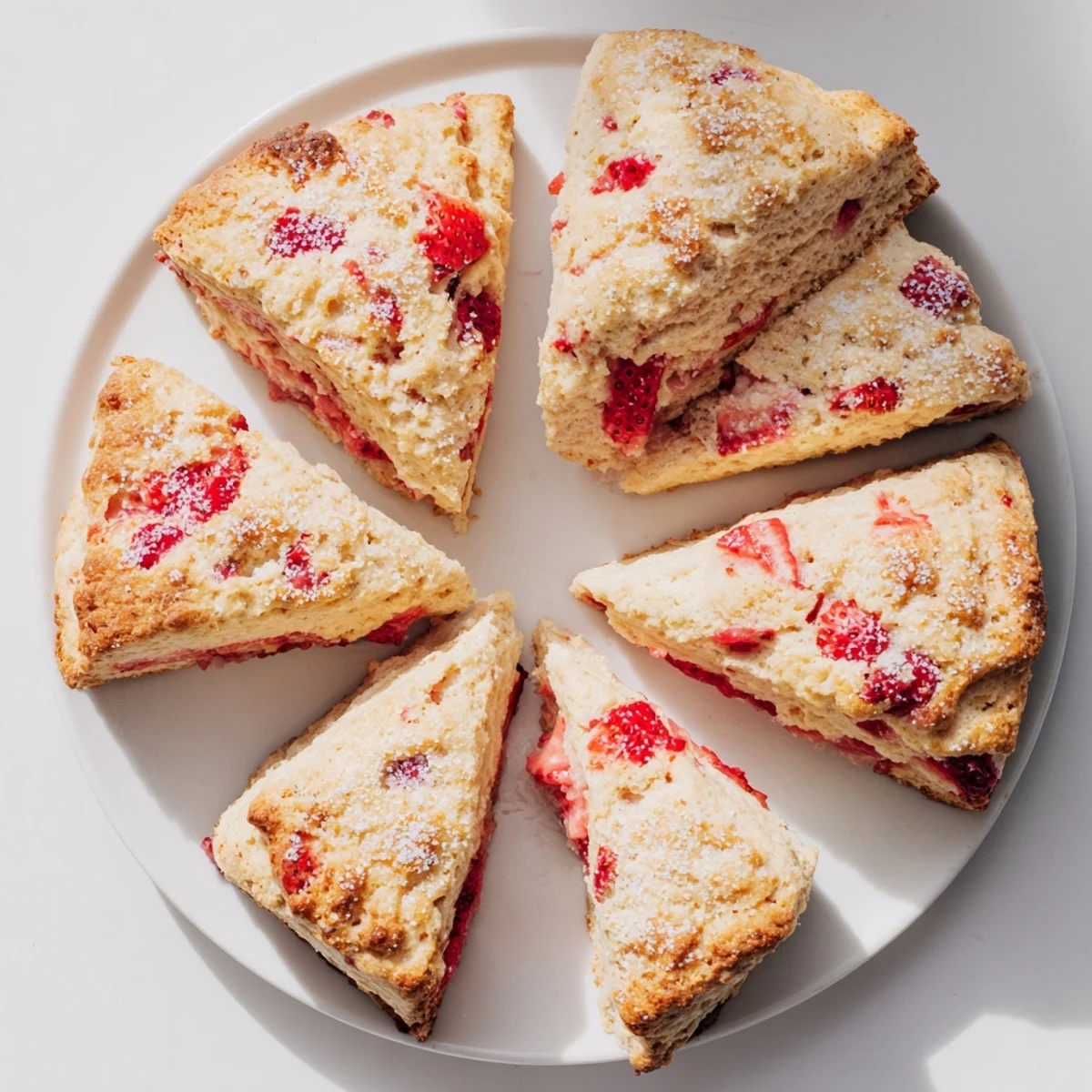 Warm baked strawberries and cream scones with golden crusts and sugared tops cooling on rack