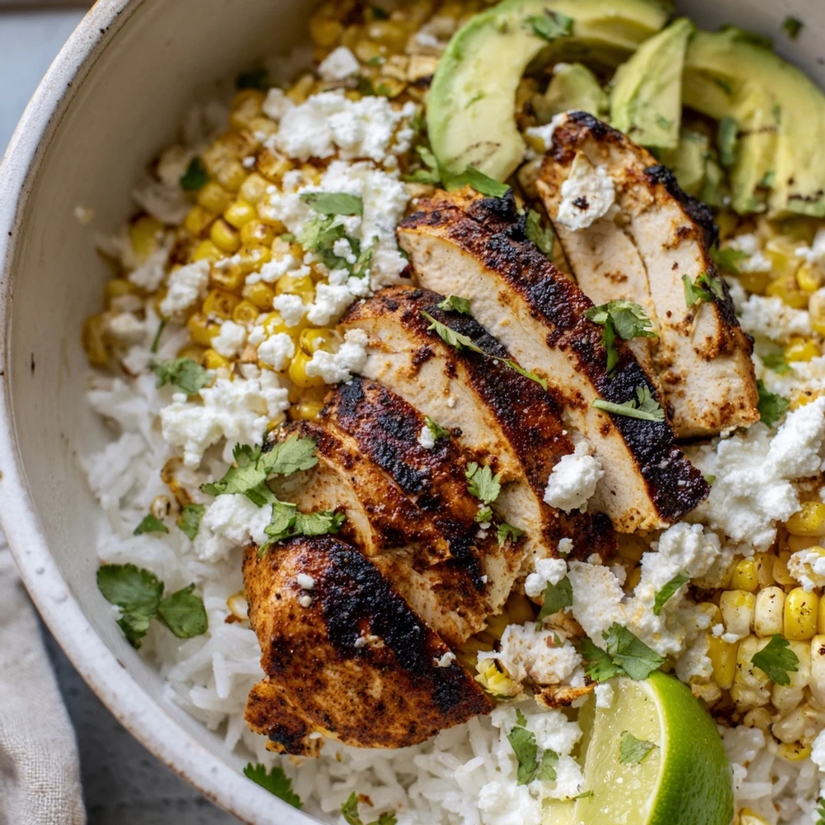 Street corn chicken rice bowl featuring juicy spiced grilled chicken, charred corn cotija mixture, fluffy rice, fresh avocado, cilantro garnish.