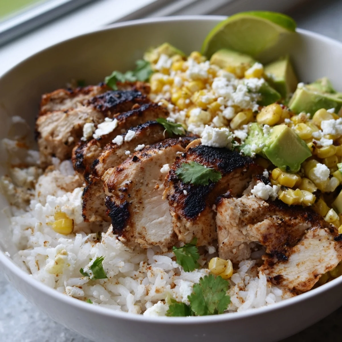 Colorful Mexican-inspired street corn chicken rice bowl loaded with creamy street corn topping, tender sliced spiced chicken, and vibrant garnishes.
