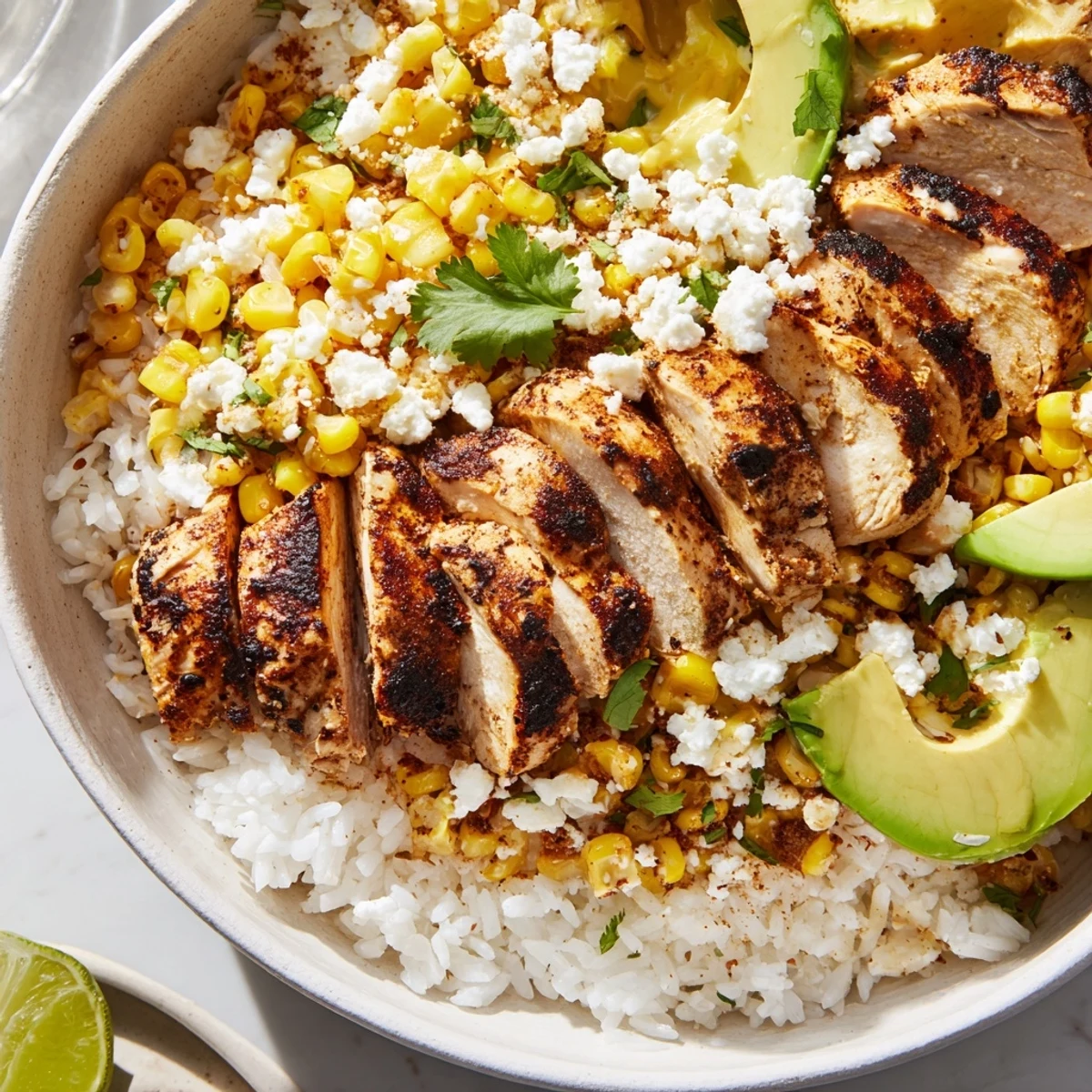 Savory street corn chicken rice bowl with zesty lime crema, crumbled cotija, diced avocado, and smoky grilled chicken over rice.