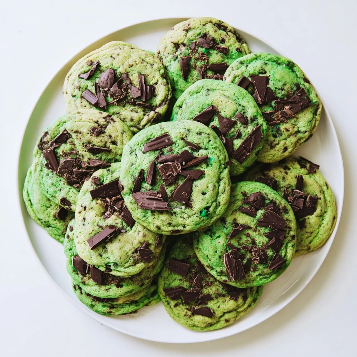 Soft green mint chocolate chip cookies studded with melting chocolate chips on a white plate