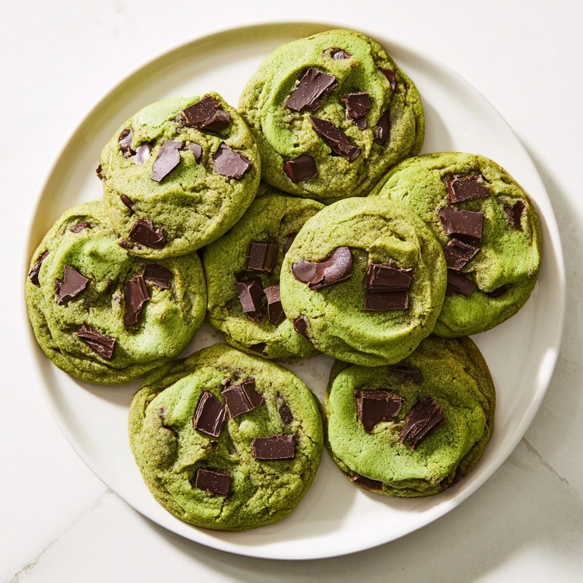 Freshly baked green mint chocolate chip cookies cooling on a wire rack with gooey centers