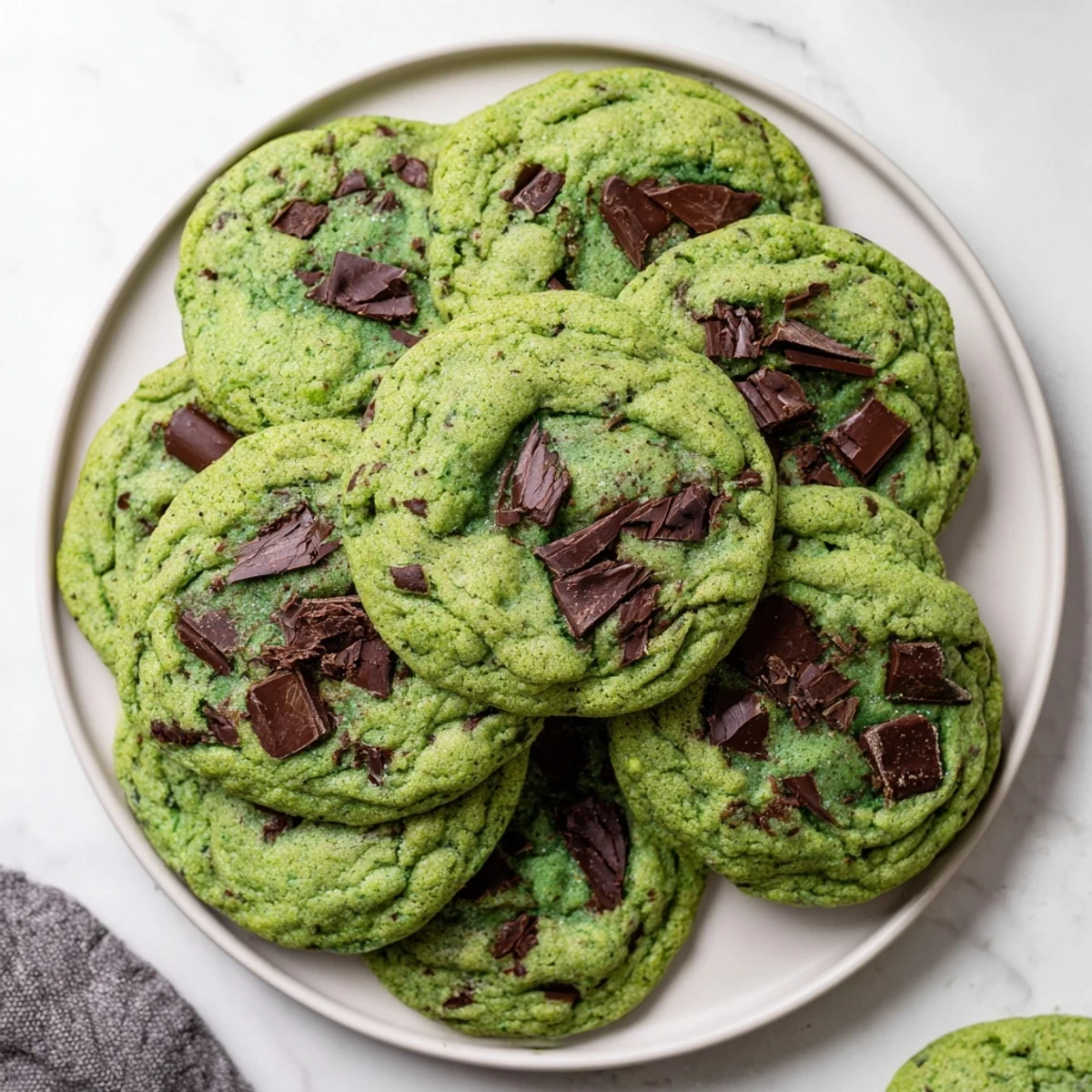 Close-up of chewy green mint chocolate chip cookies showing cracked texture and scattered chocolate morsels