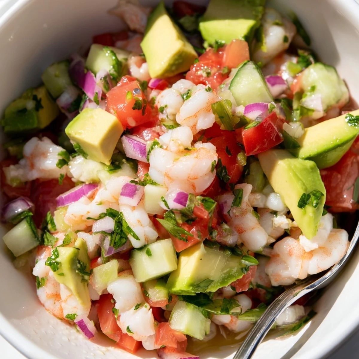 Fresh easy shrimp ceviche bowl with colorful diced vegetables and creamy avocado chunks