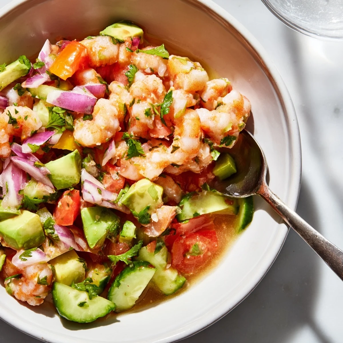Glass serving dish of easy shrimp ceviche garnished with cilantro and crisp cucumber