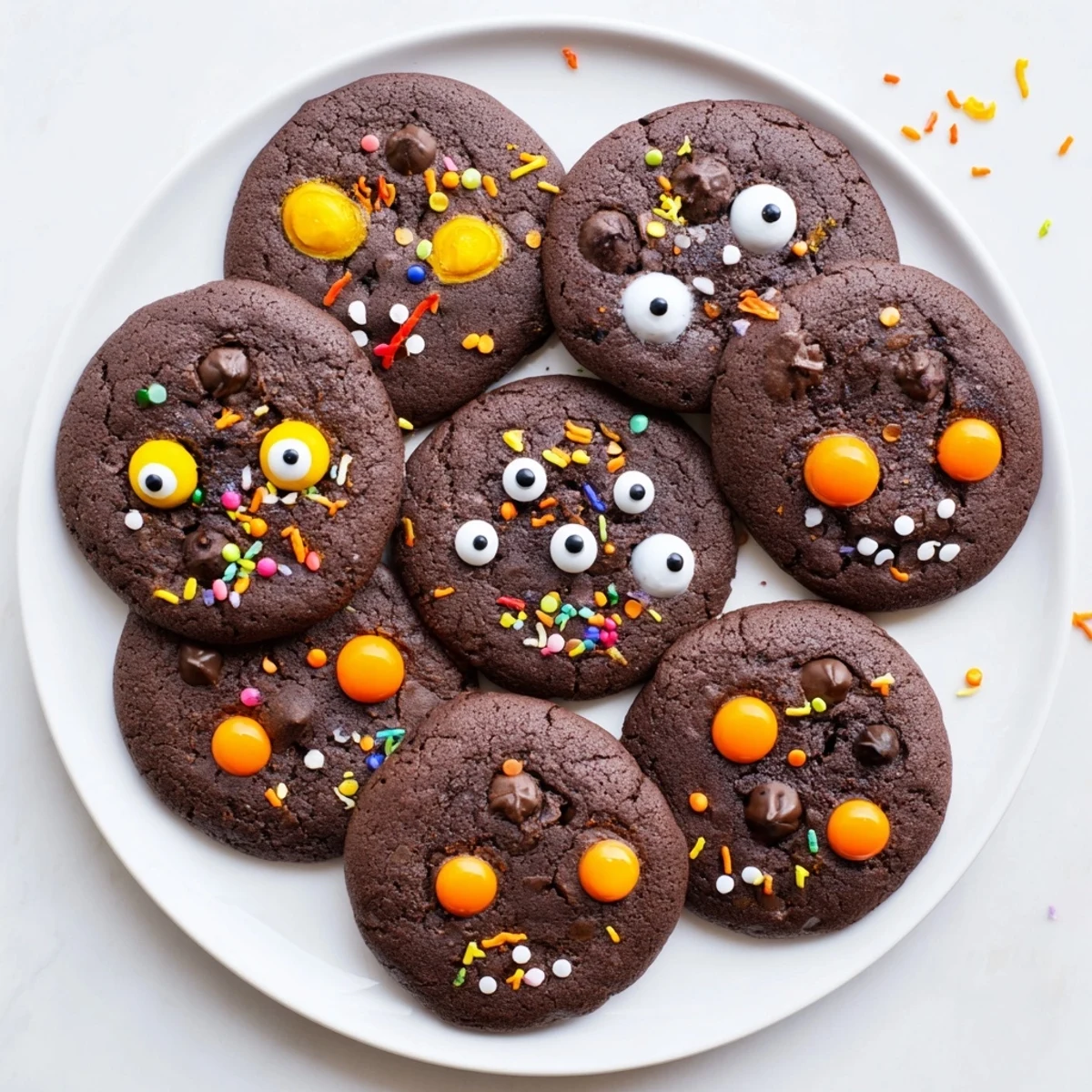 Freshly baked Chocolate Orange Freaky Face Cookies featuring chocolate chips and playful scary faces on a cooling rack