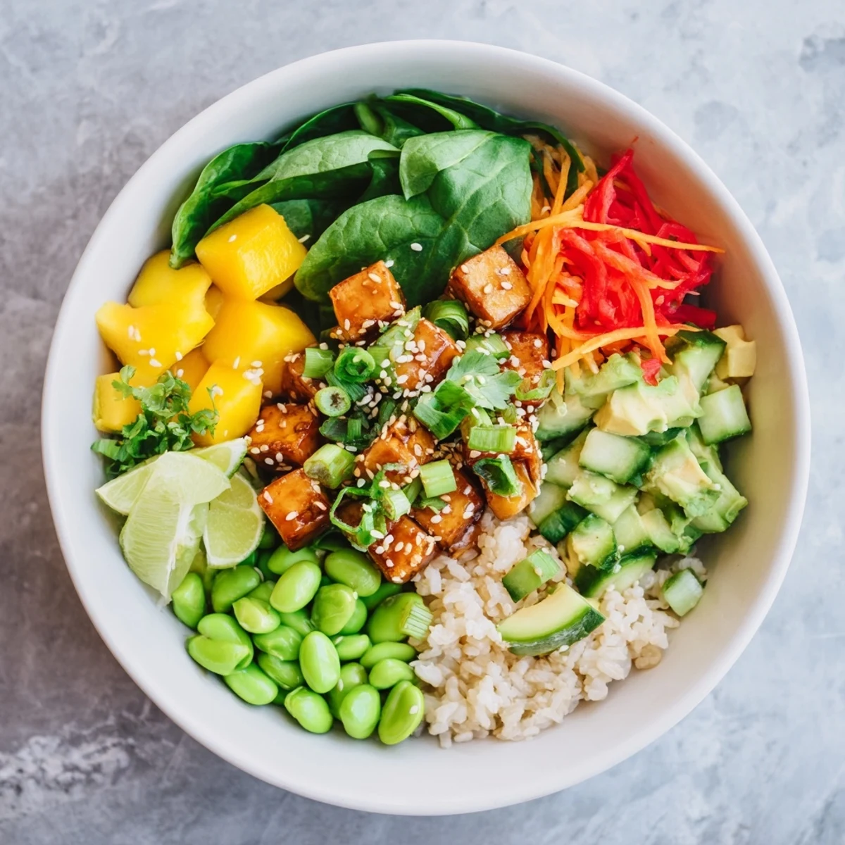 Colorful avocado mango poke salad bowl with marinated tofu, fresh vegetables, and sesame seed garnish