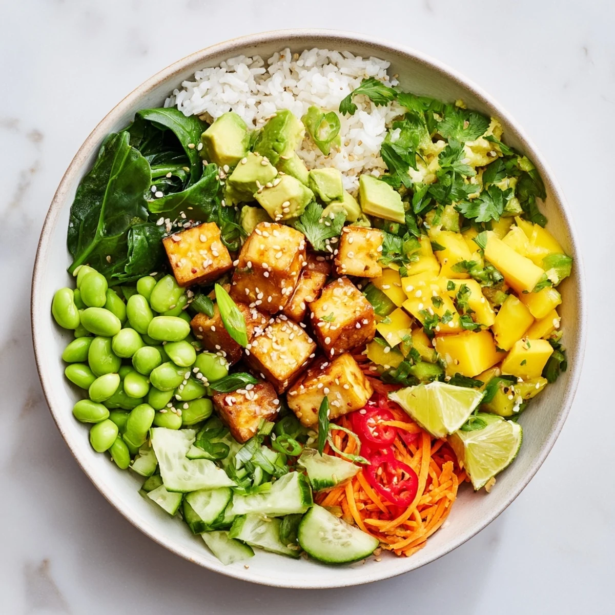 Vibrant Hawaiian fusion salad featuring creamy avocado, sweet mango cubes, and savory marinated tofu over rice