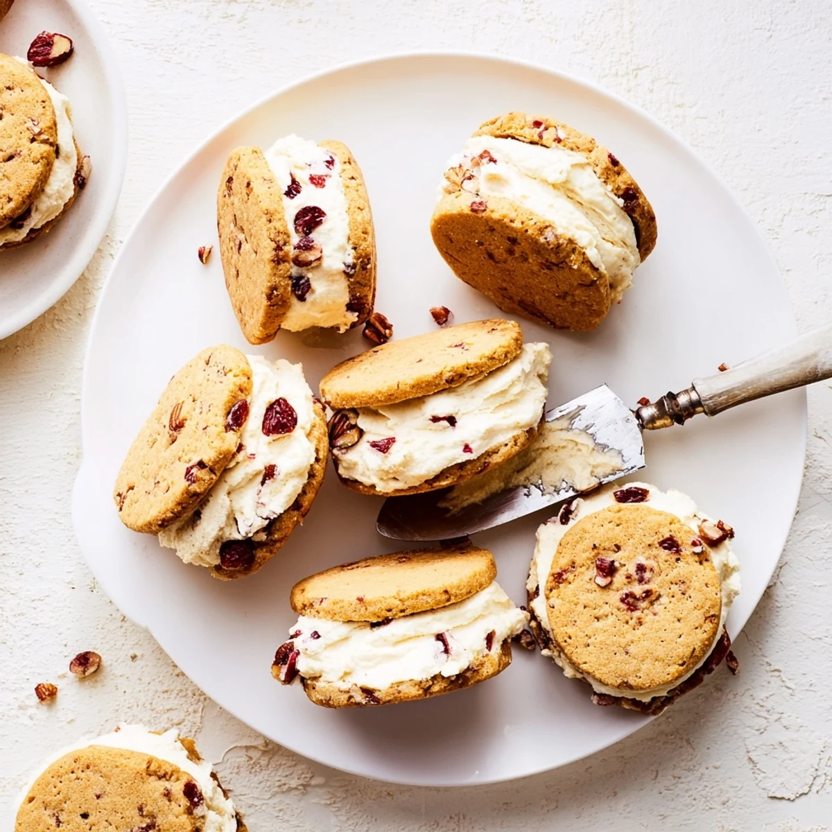 Close-up of cranberry pecan sandwich cookies showing tart red berries and toasted nuts in cream cheese filling