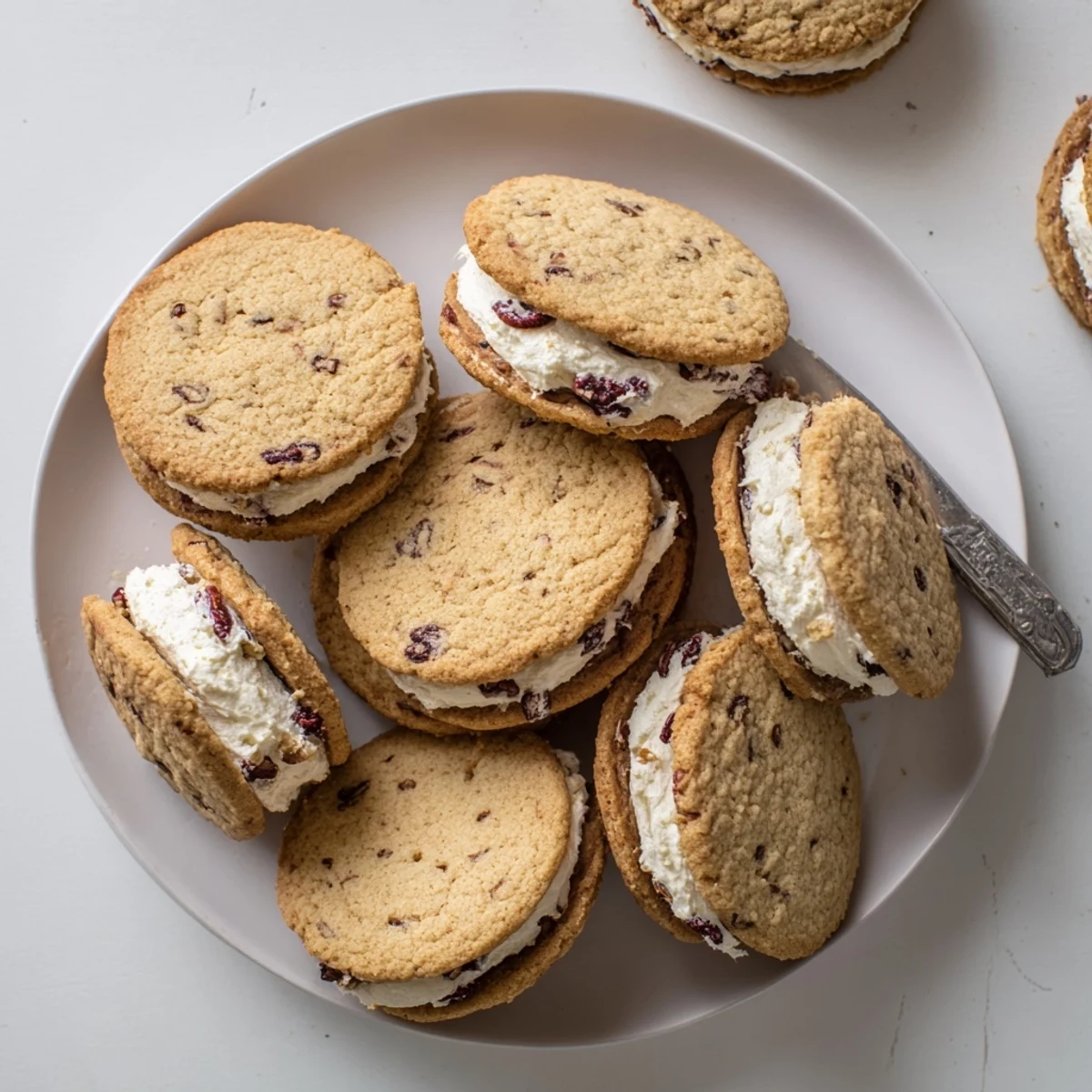 Golden cranberry pecan sandwich cookies stacked with creamy white filling between buttery layers
