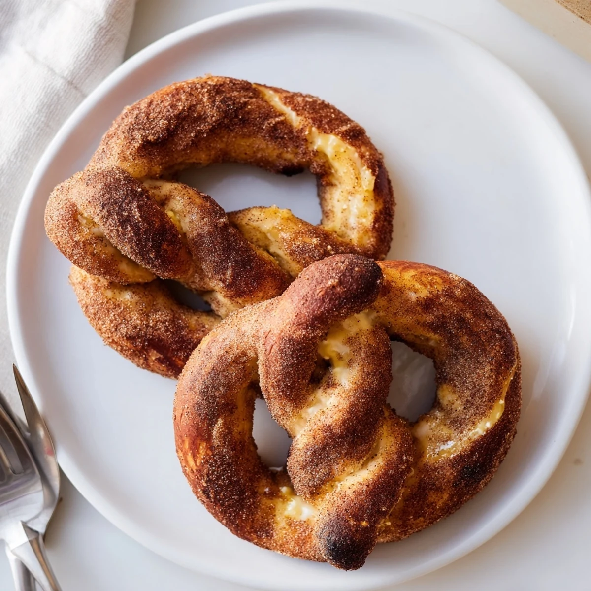 Golden brown cinnamon sugar soft pretzels brushed with butter and coated in sweet spice