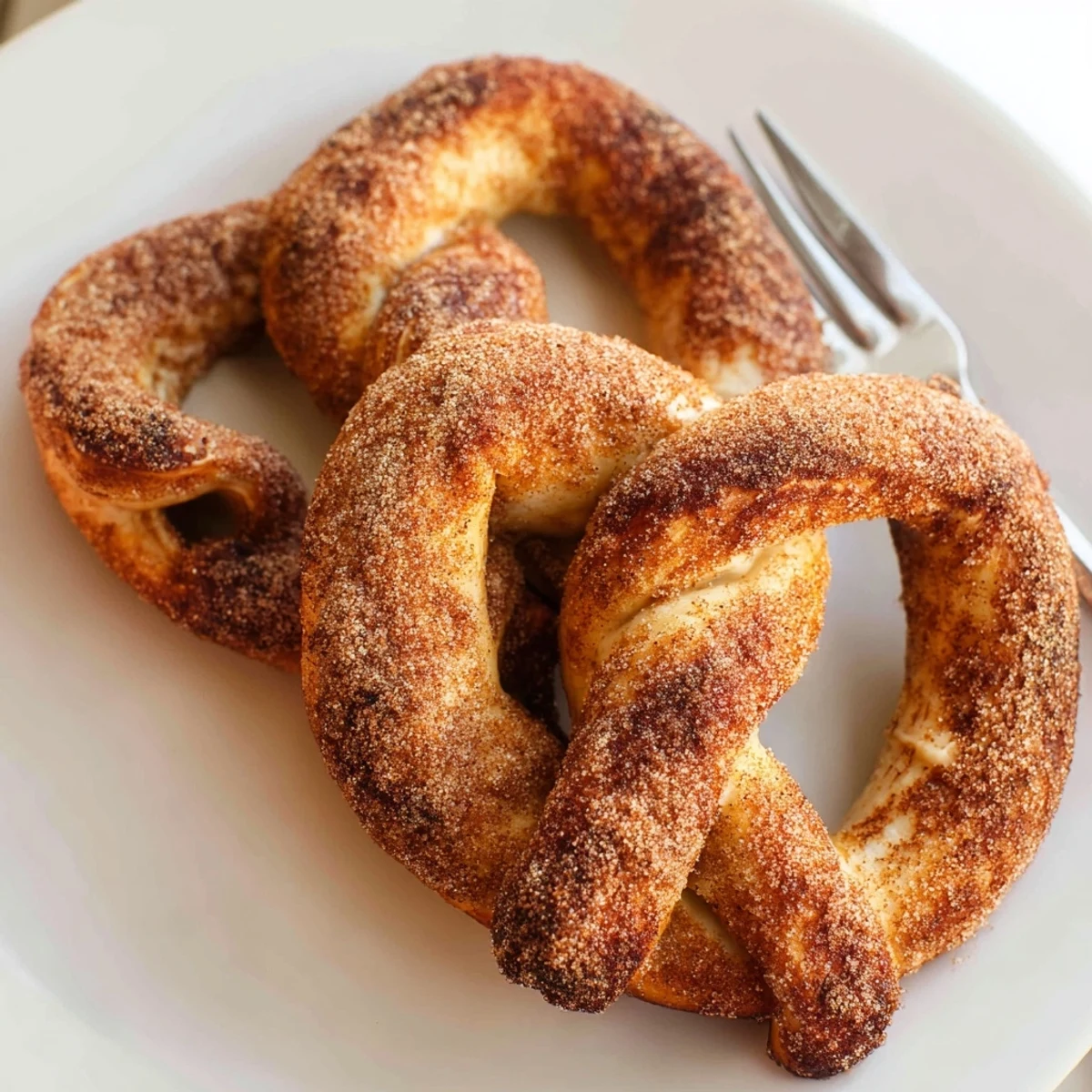 Soft pillowy pretzels twisted into classic shape and dusted with aromatic cinnamon sugar mixture