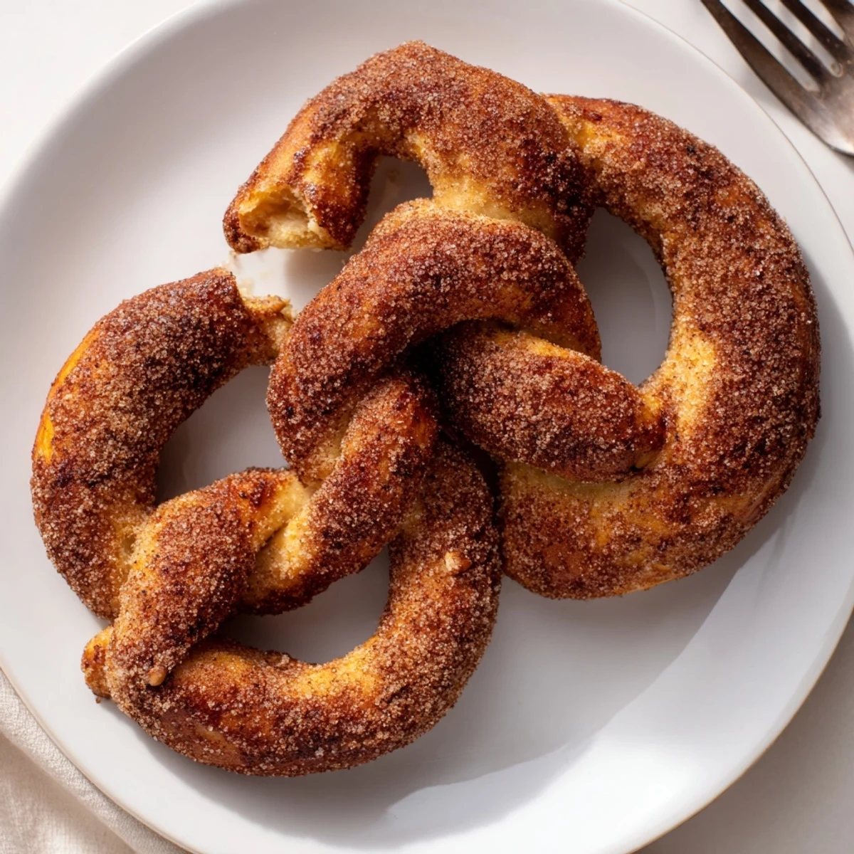 Warm homemade cinnamon sugar soft pretzels sprinkled with sparkling sugar on a wooden board