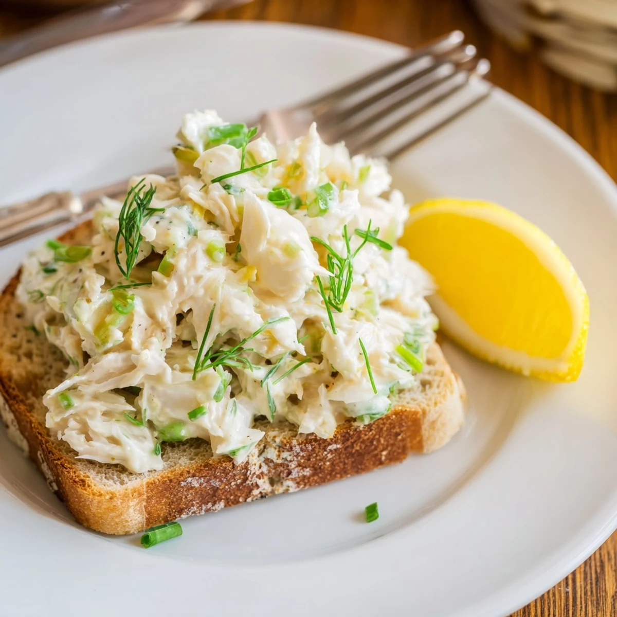 Golden sourdough crab toast piled high with creamy crab salad and fresh chives