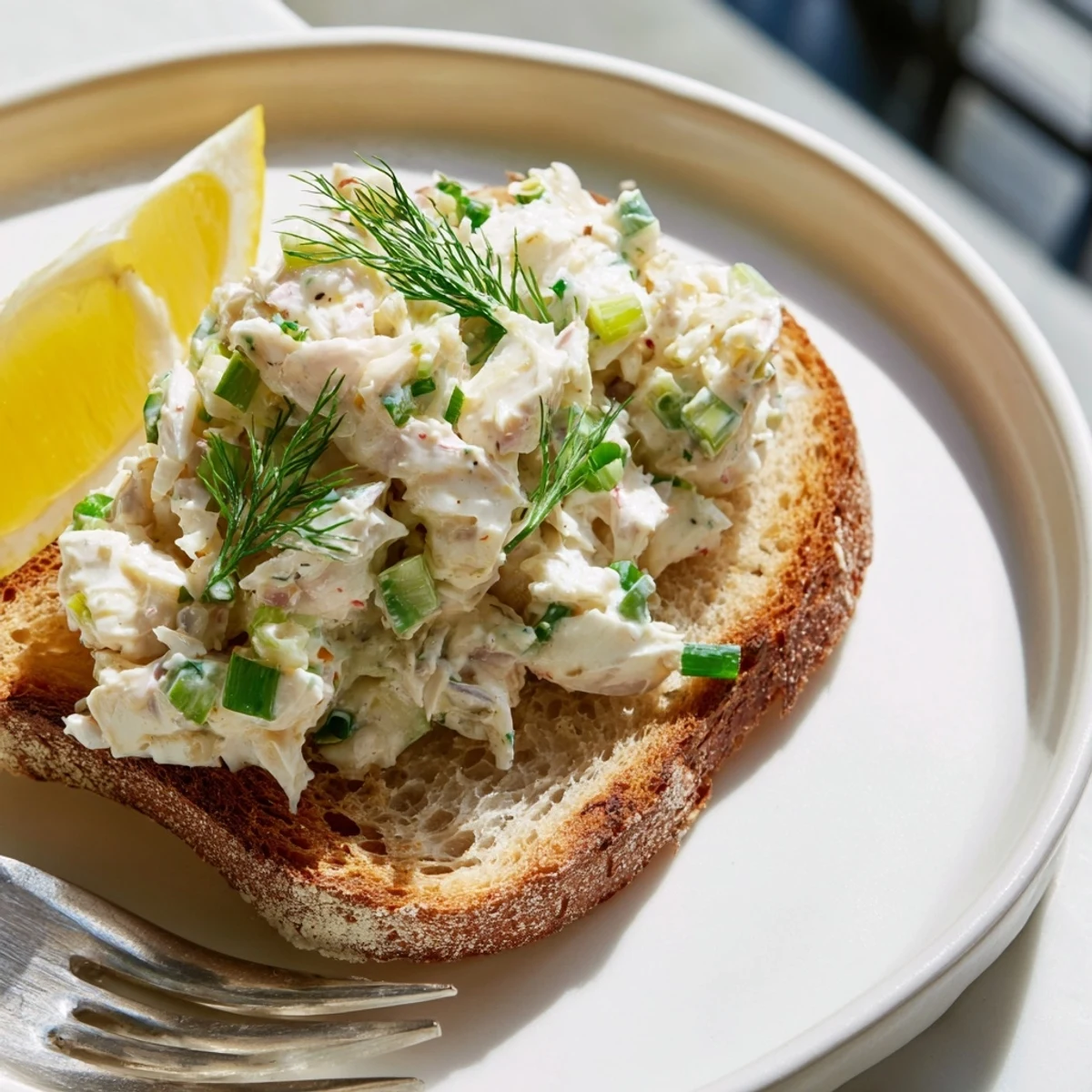 Appetizer crab toast featuring creamy seafood salad on warm golden sourdough bread slices
