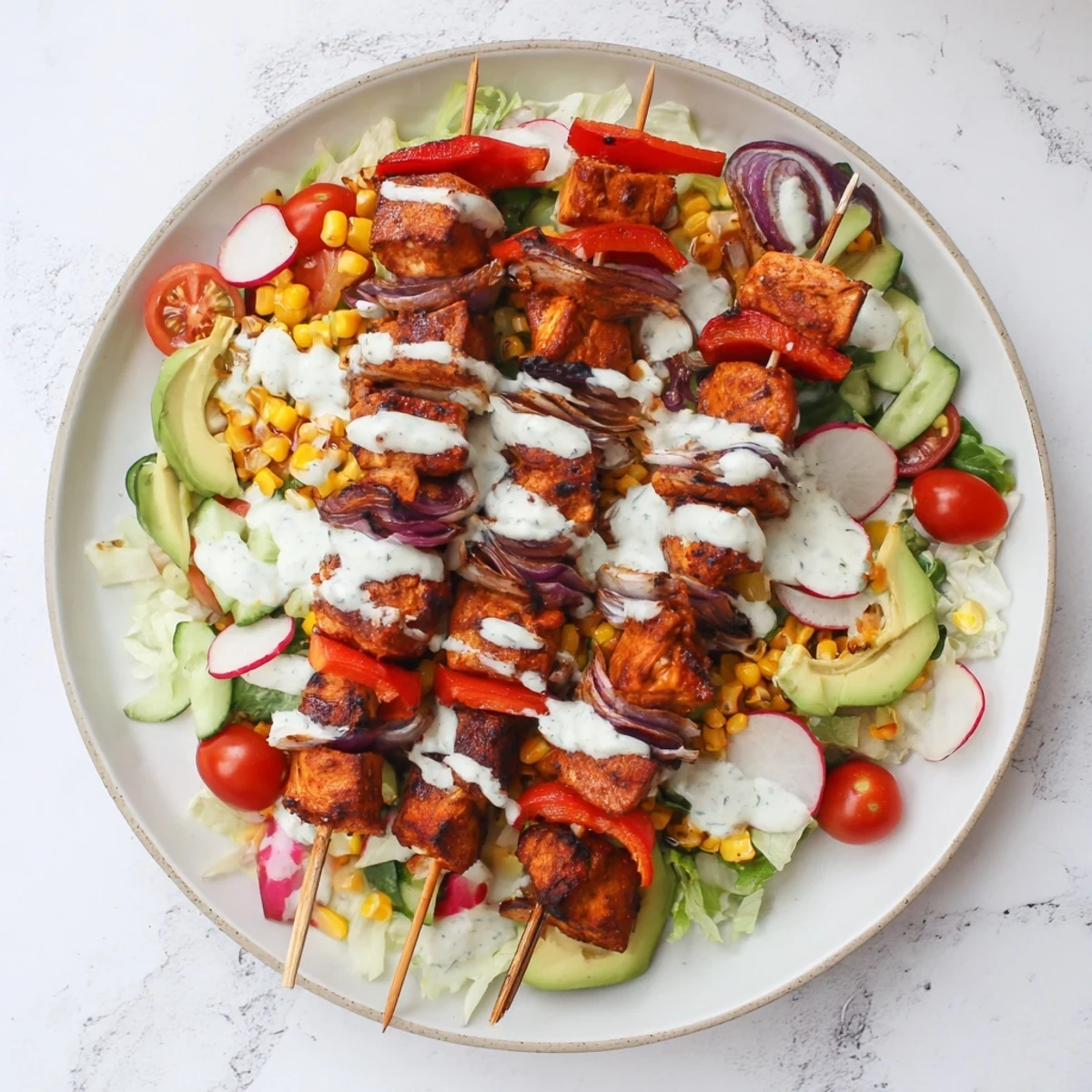 Fresh BBQ chicken skewer salad arranged with crisp greens, tomatoes, and tangy homemade ranch