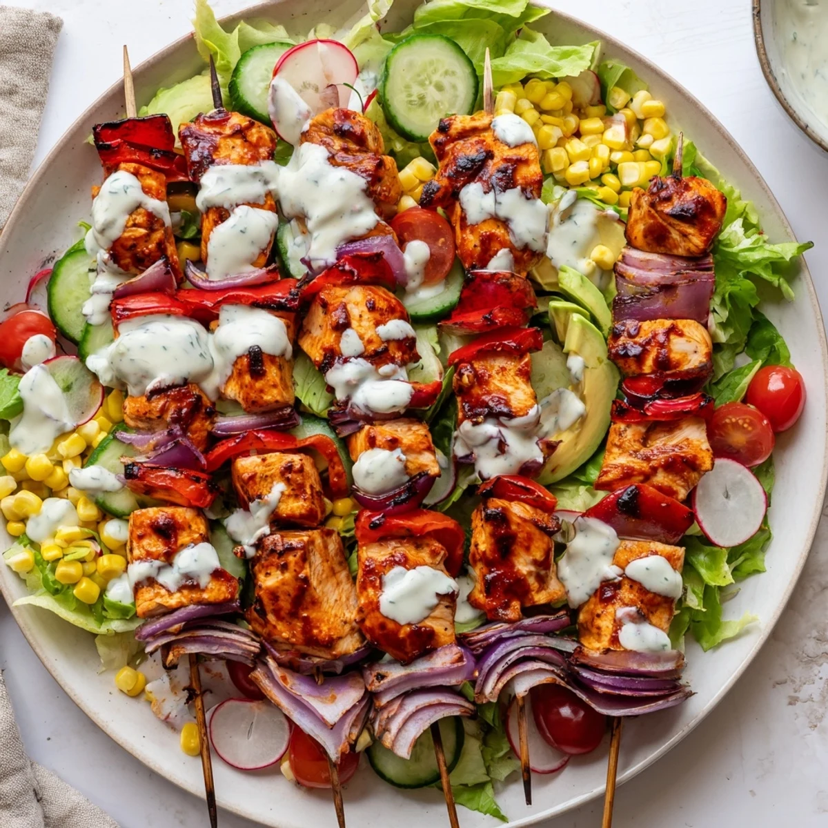 Savory BBQ chicken skewer salad topped with charred meat and vibrant herby ranch drizzle