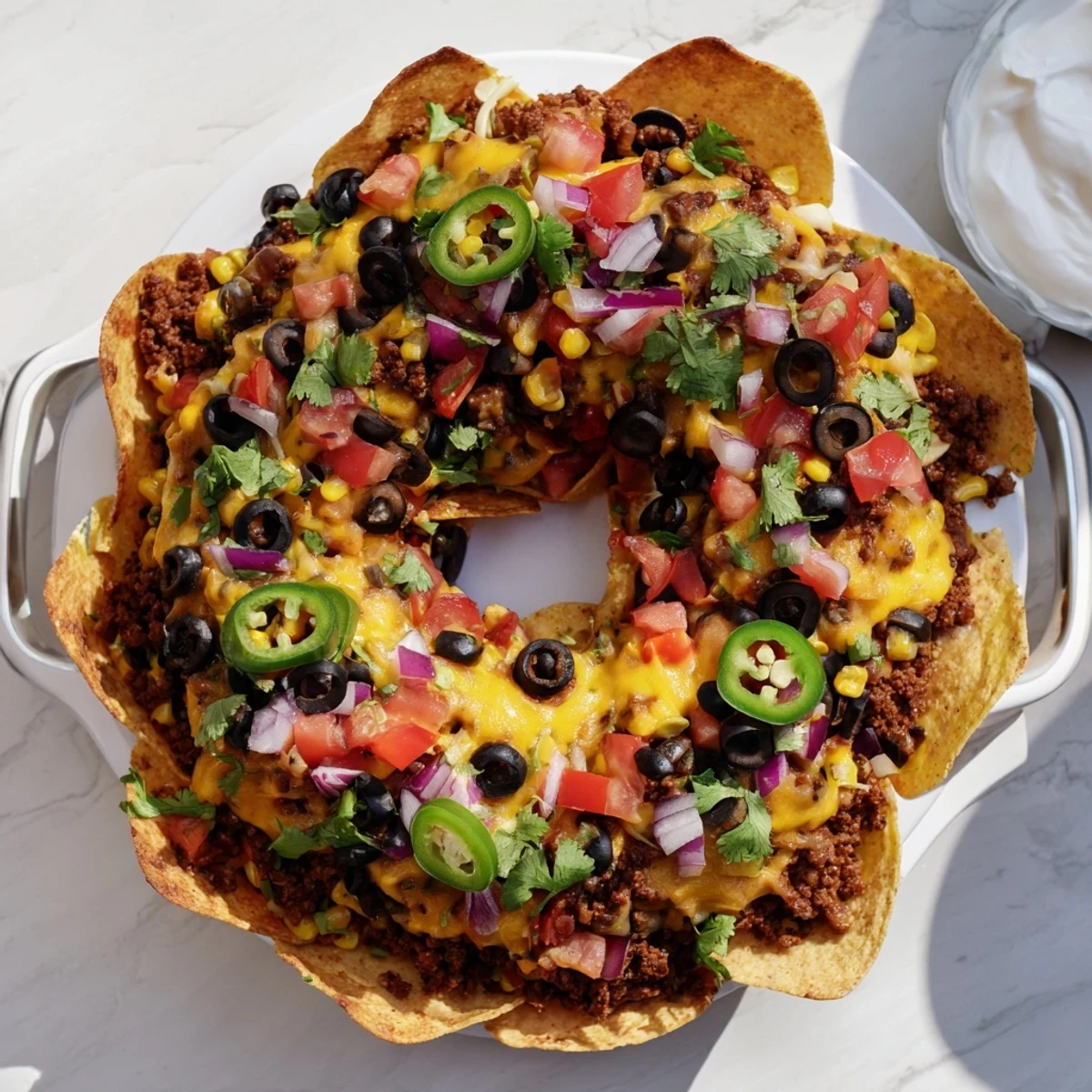 Golden melted cheddar and Monterey Jack blanket layered tortilla chips in this circular bundt pan nachos arrangement