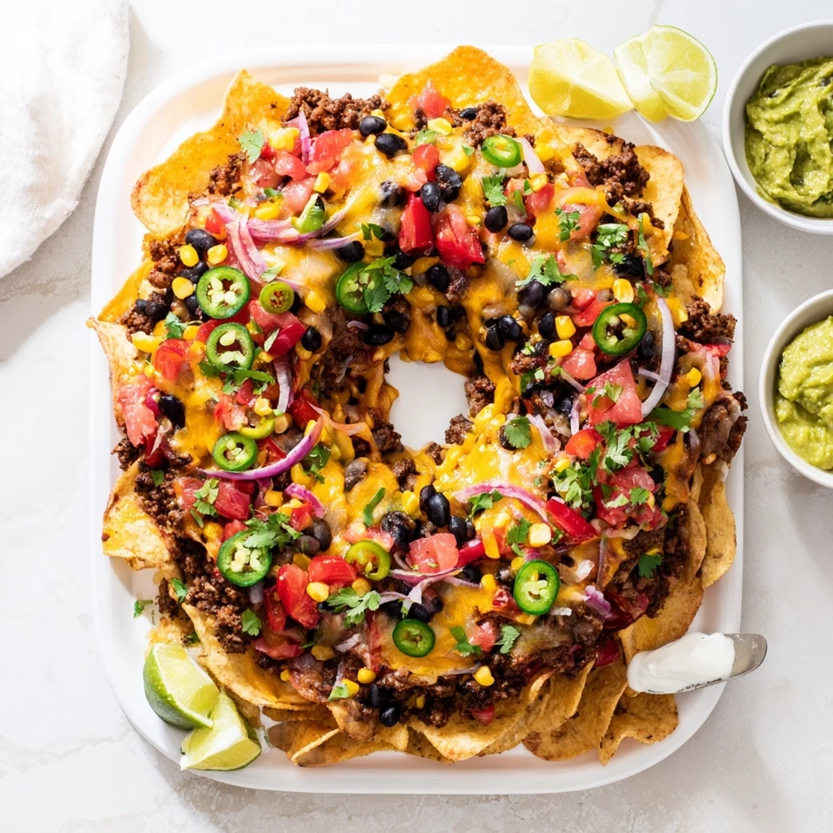 Crispy tortilla chips tower with melted cheese and jalapeño slices in this pull-apart bundt pan nachos ring