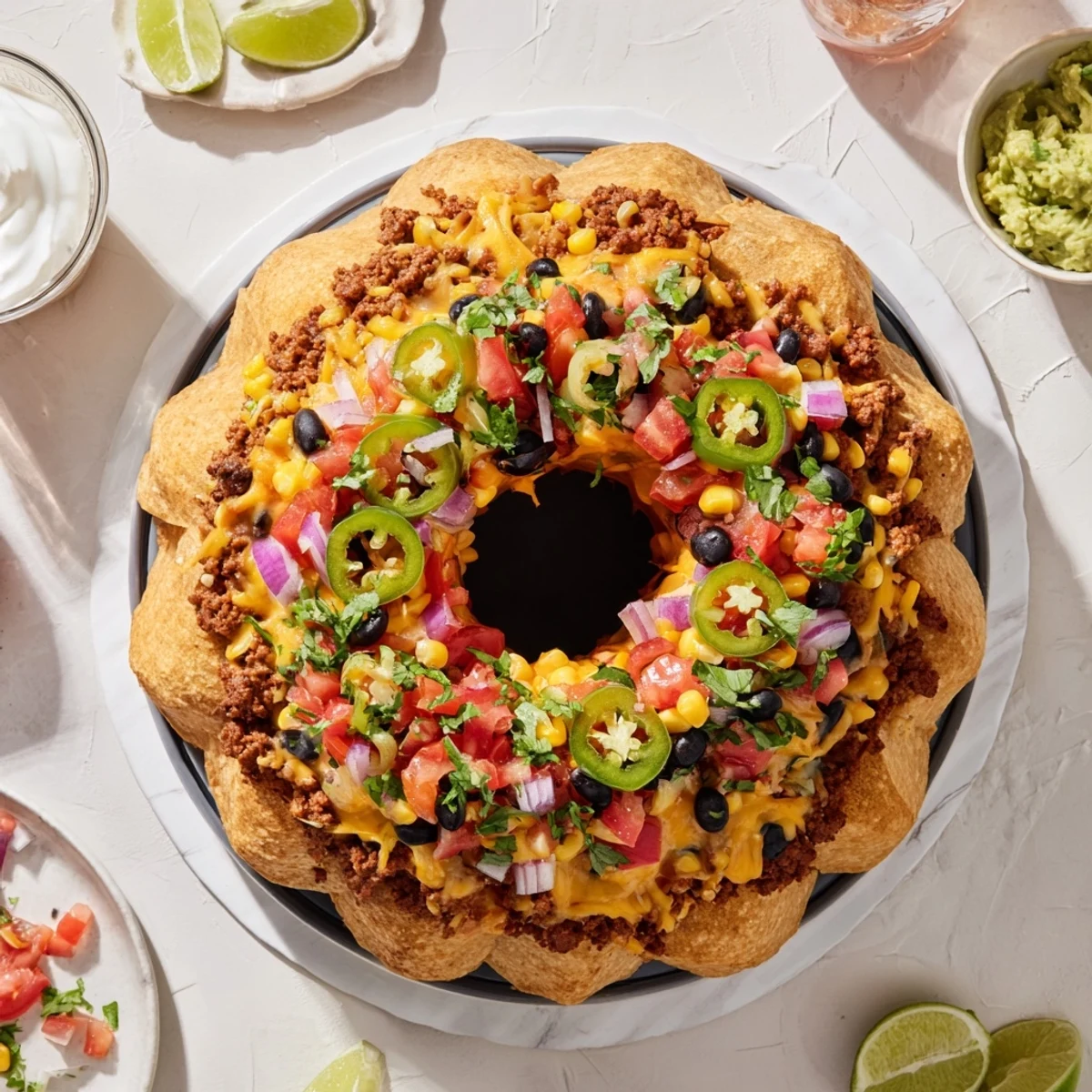 Tex-Mex style bundt pan nachos loaded with ground beef black beans corn tomatoes and bubbly golden cheese