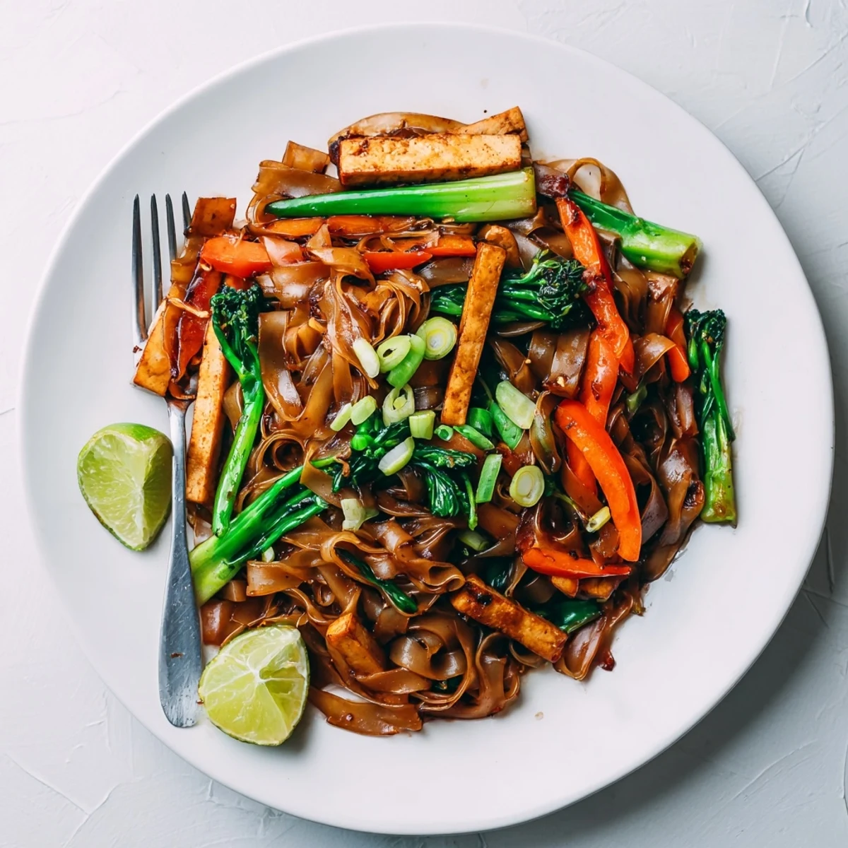 Golden wide rice noodles stir-fried with crisp Chinese broccoli and tofu in savory dark soy sauce