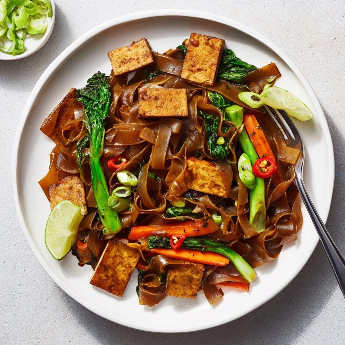 Steaming plate of Thai stir-fried noodles with tender broccoli, carrots, and tangy lime wedge garnish