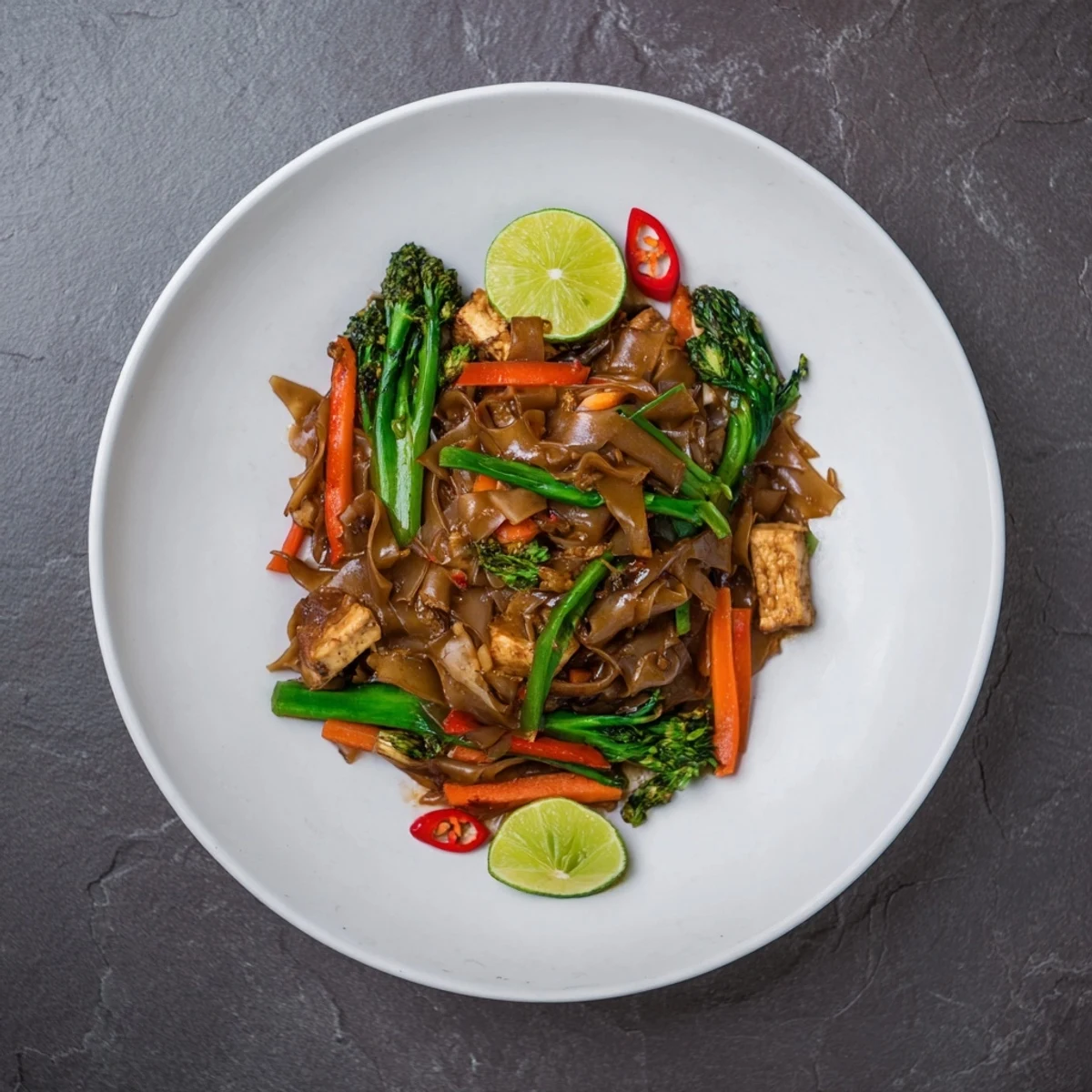 Vegan Pad See Ew featuring charred rice noodles, colorful vegetables, and protein-rich firm tofu strips