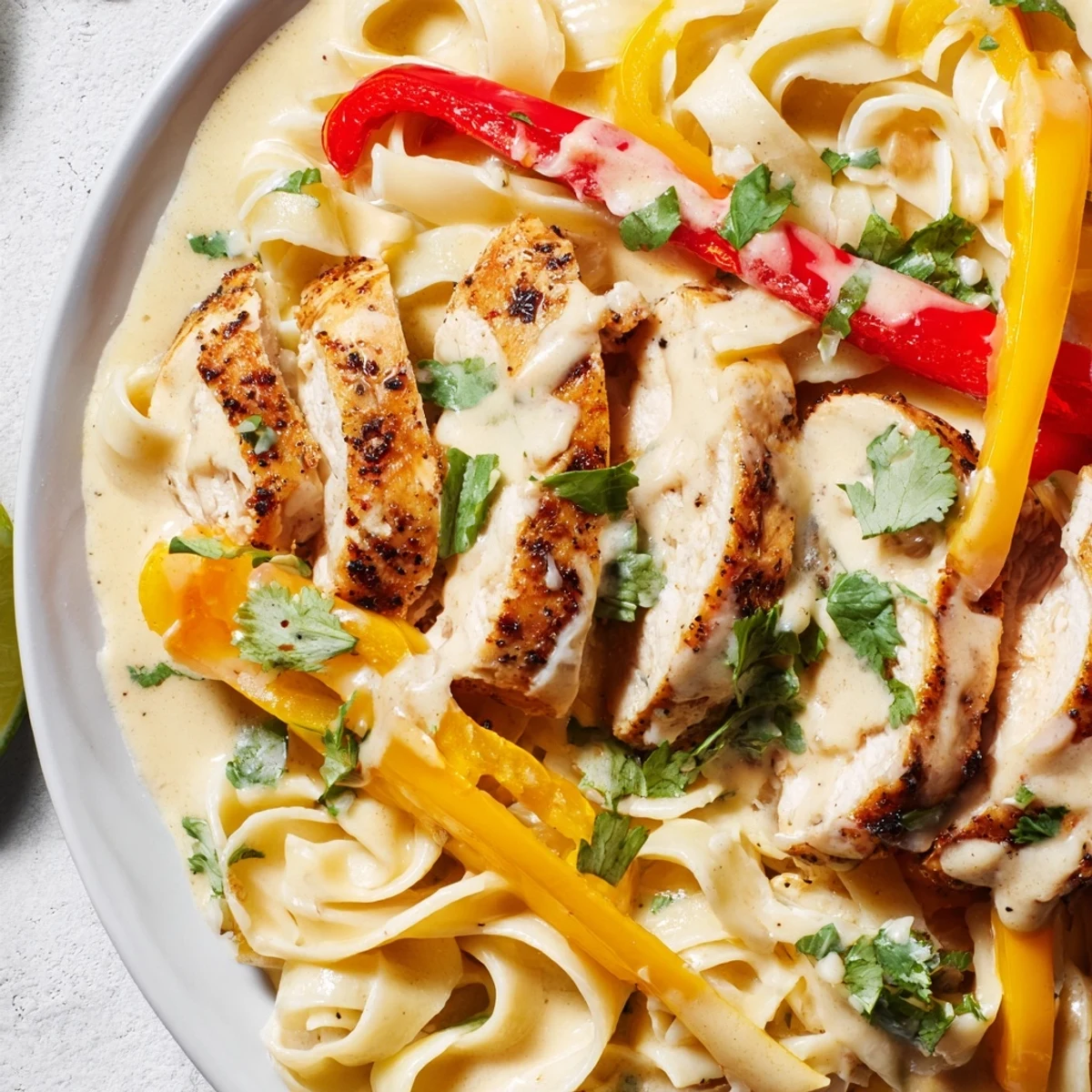 Creamy Southwest chicken Alfredo pasta topped with seasoned sliced chicken breast and colorful sautéed bell peppers