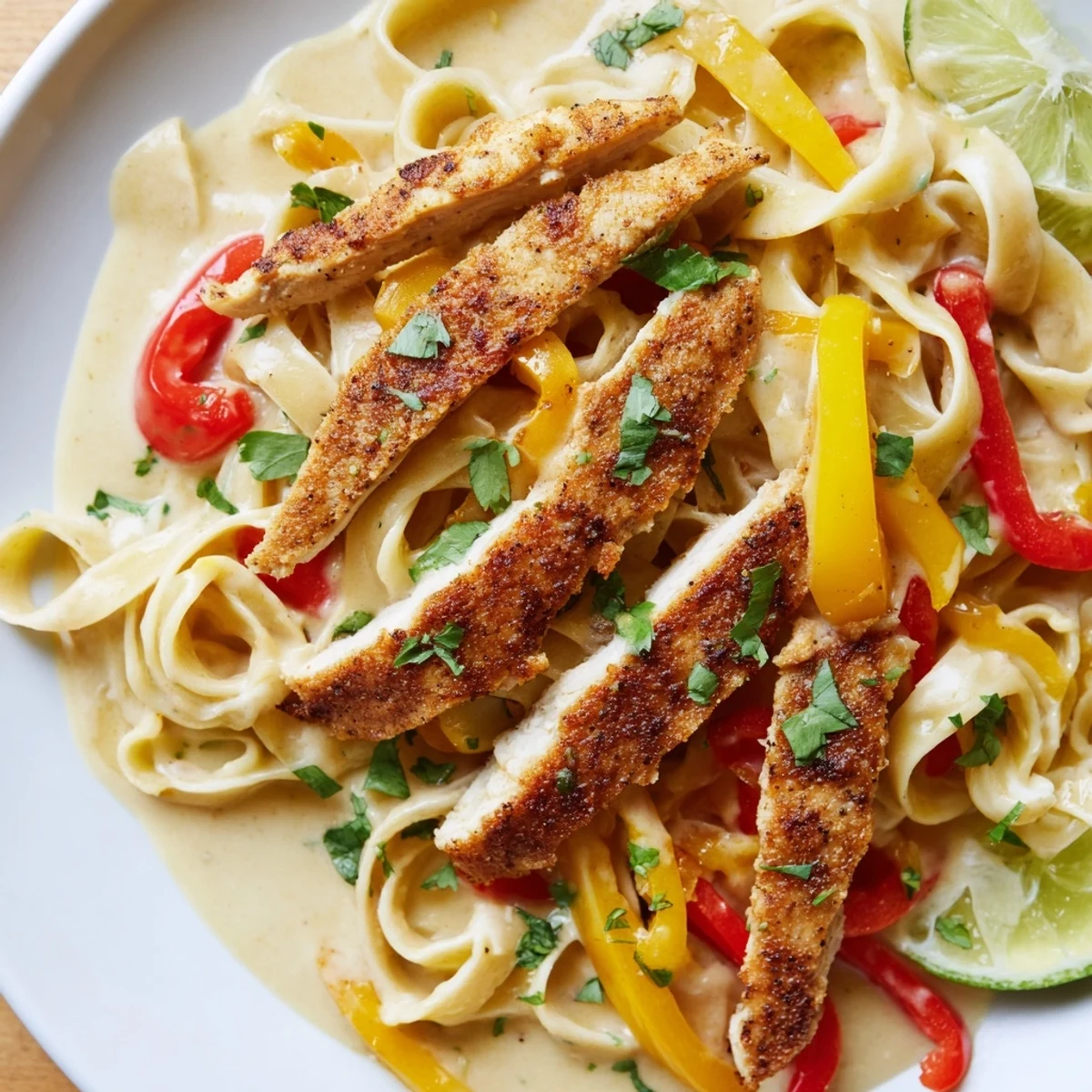 Savory chicken Alfredo bowl featuring smoky spice-rubbed chicken, vibrant vegetables, and zesty lime wedges