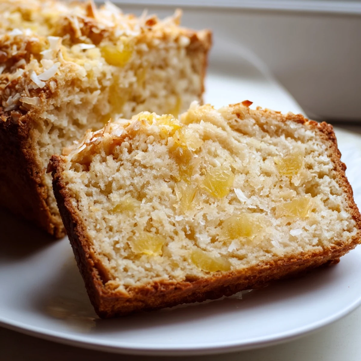 Golden brown cozy pineapple coconut bread loaf with visible tropical fruit and shredded coconut topping