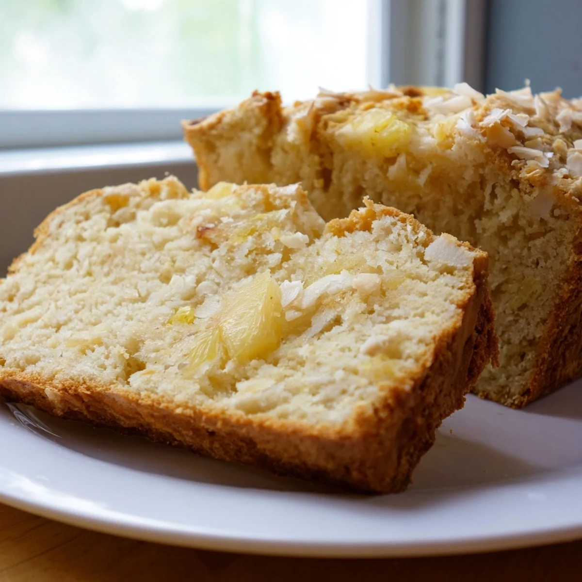 Moist quick bread slice revealing sweet crushed pineapple and coconut flakes, perfect for breakfast or snacking