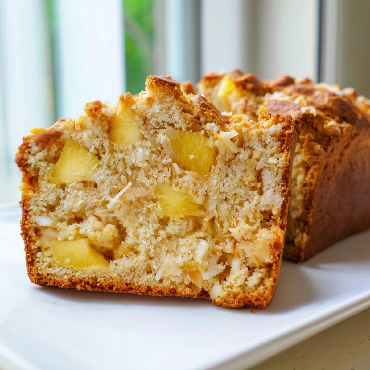 Freshly baked pineapple coconut bread cooling on wire rack, ready to be sliced and served warm