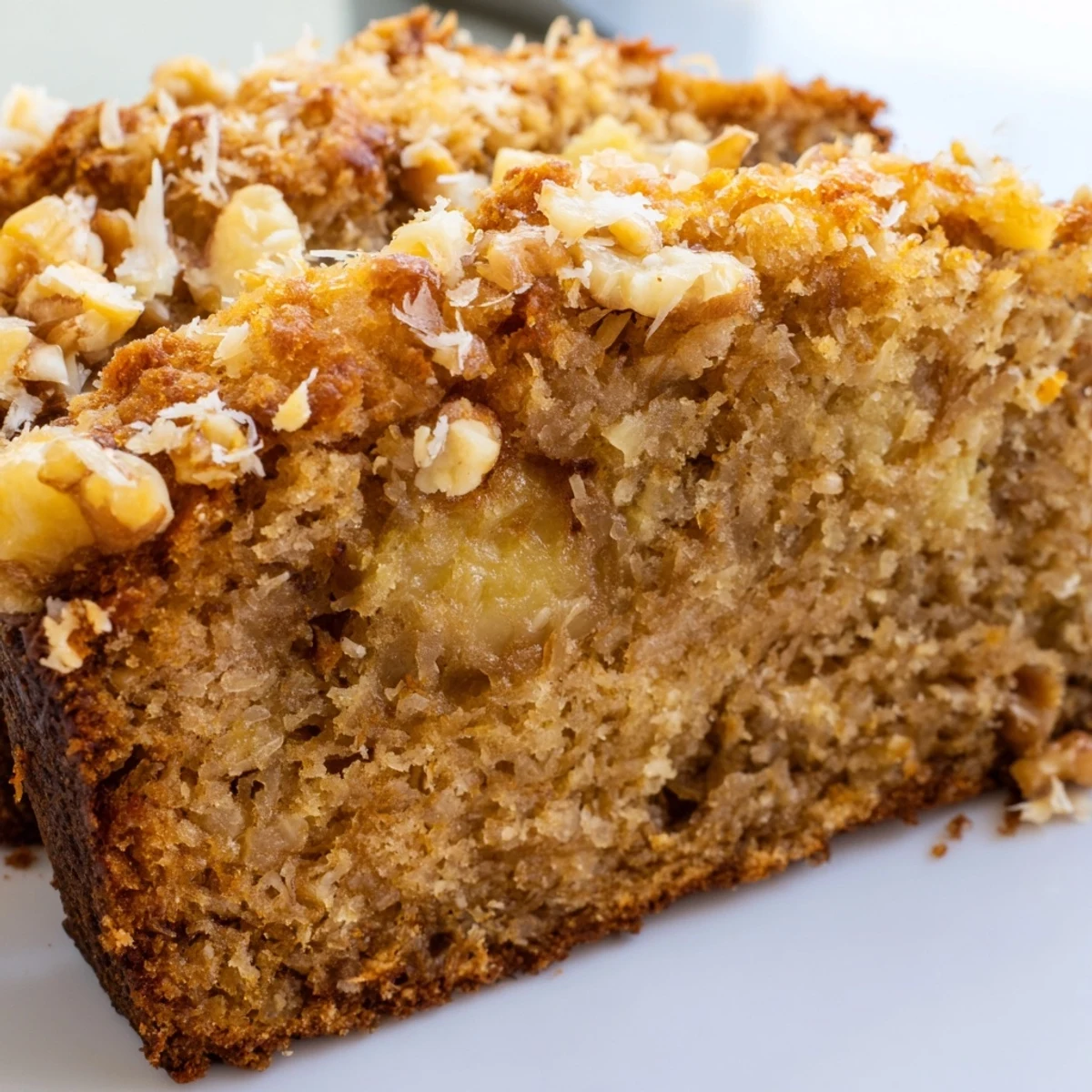 Golden coconut pineapple banana bread loaf topped with fluffy shredded coconut and toasted walnuts
