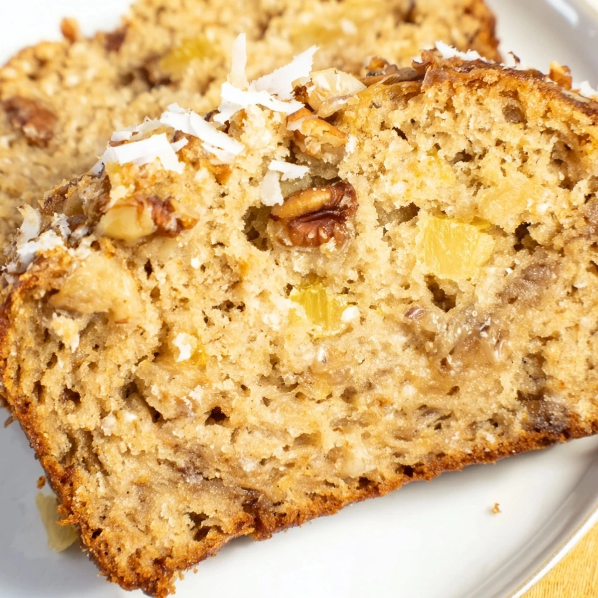 Moist tropical banana bread studded with crushed pineapple and sweet coconut flakes, ready to slice