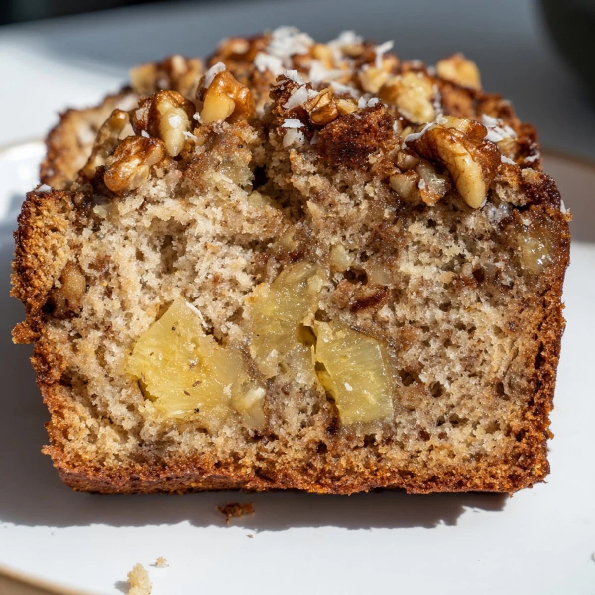Freshly baked coconut pineapple banana bread cooling on wire rack with golden brown crust visible