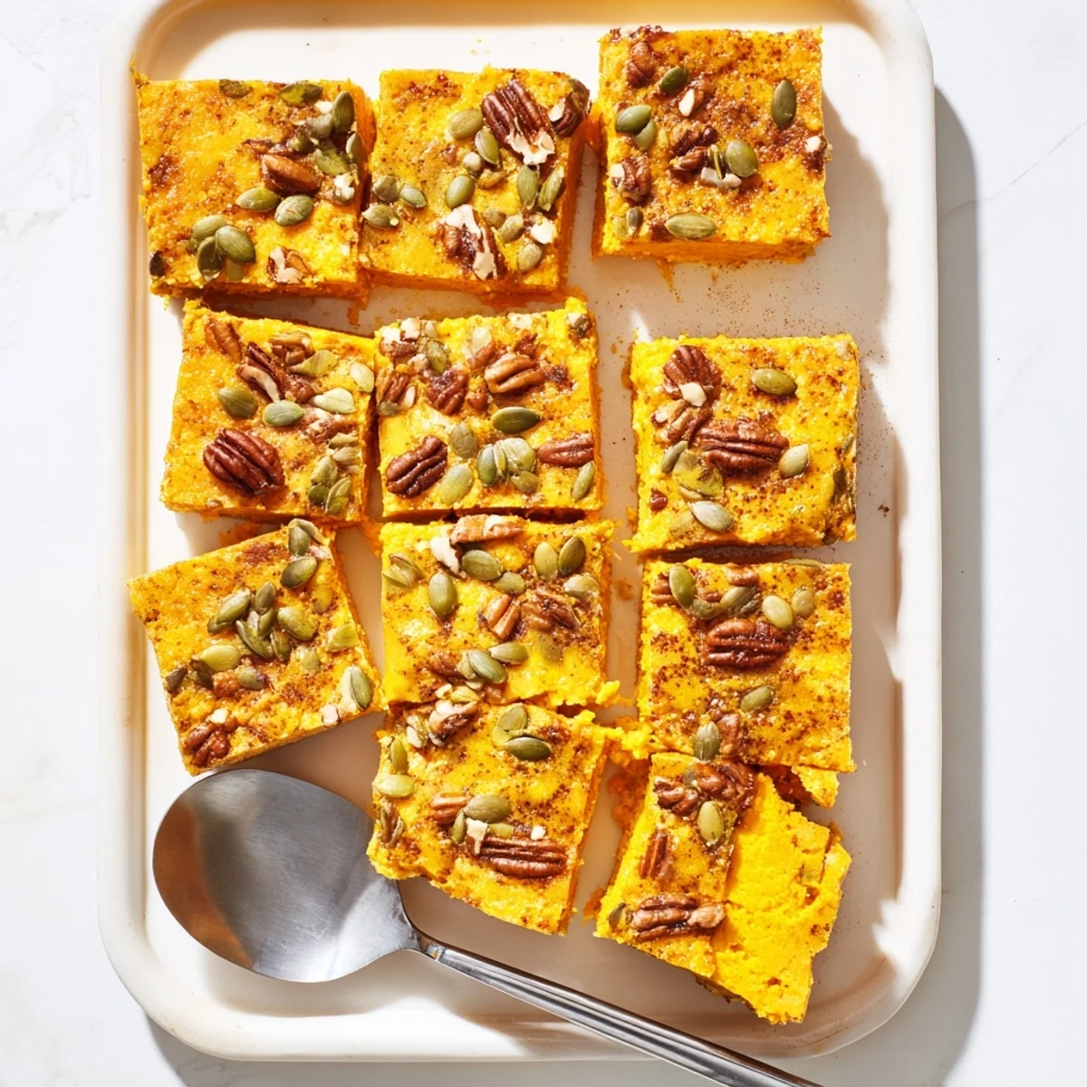 Golden high protein cottage cheese pumpkin bake sprinkled with pecans and pumpkin seeds