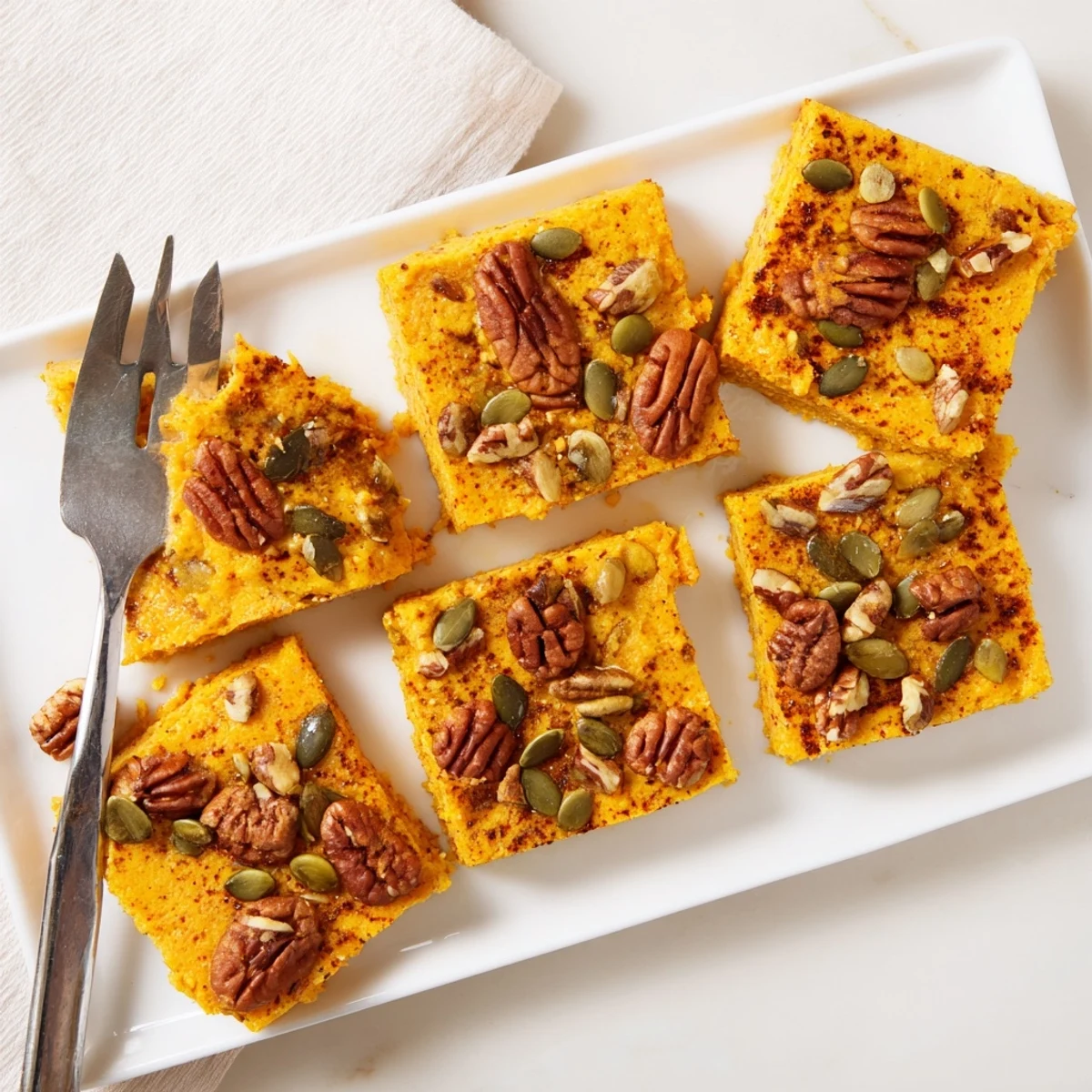 Sliced warm cottage cheese pumpkin bake featuring creamy texture and aromatic fall spices