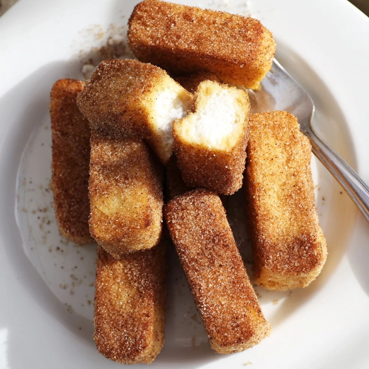 Crispy exterior fluffy interior Cinnamon French Toast sticks arranged on plate with sweet cinnamon sugar dusting