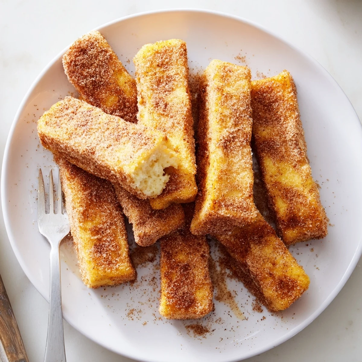Warm breakfast of Cinnamon French Toast sticks tossed in spiced sugar, ready for dunking in pure maple syrup