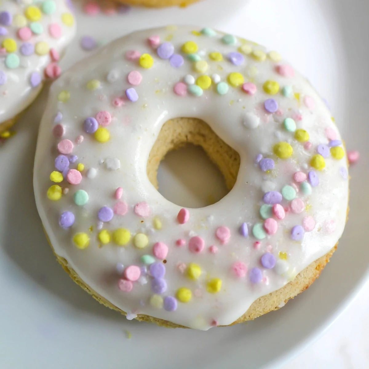 Ring-shaped Italian Easter cookies with lemon glaze and vibrant sprinkles arranged on a white serving platter