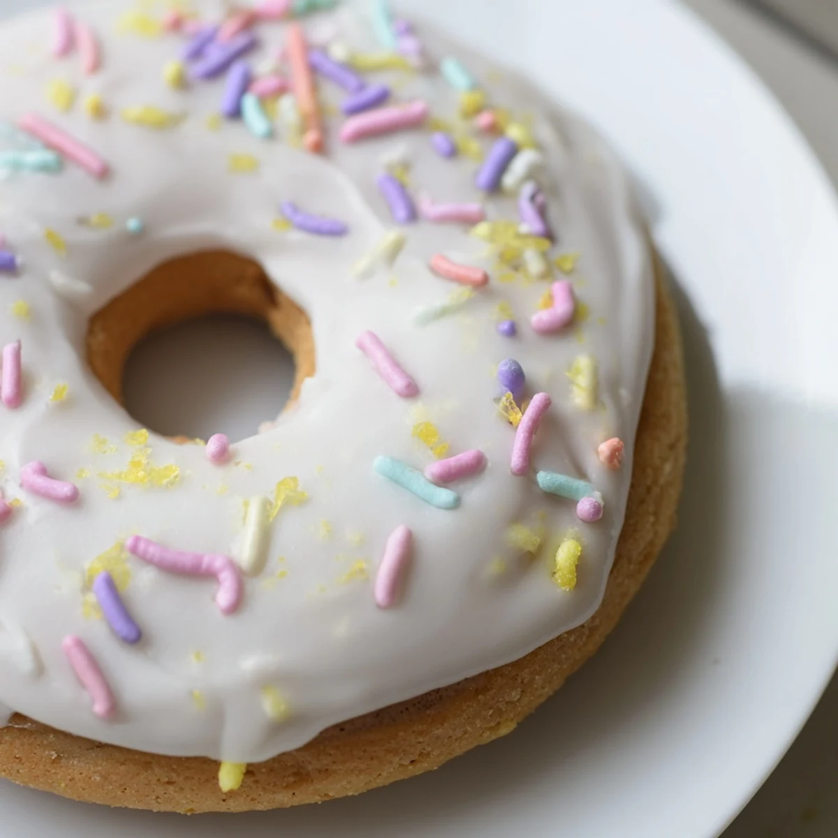 Soft Italian Easter cookies topped with white icing and colorful pastel sprinkles on a decorative plate