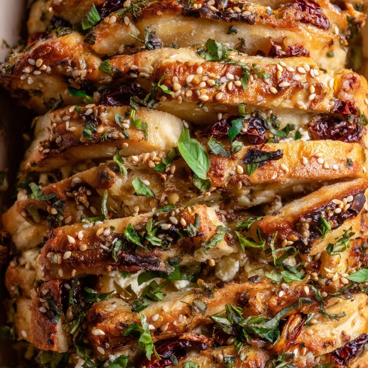 Warm Mediterranean pull apart bread brushed with olive oil and sprinkled with sesame seeds