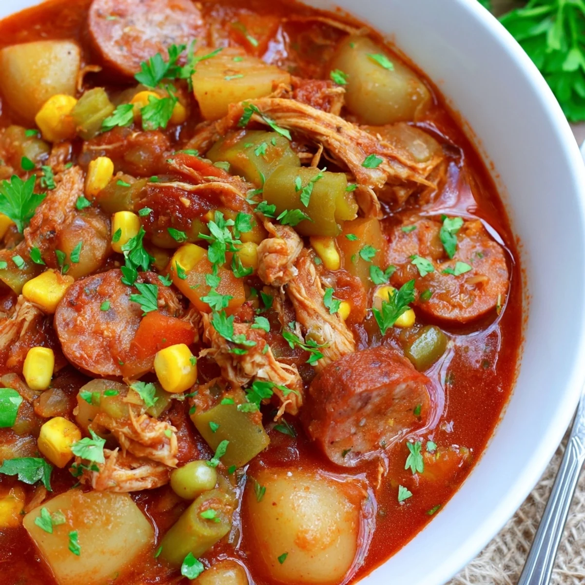 Hearty bowl of Brunswick Stew loaded with tender chicken, pork, and vegetables in rich tomato broth