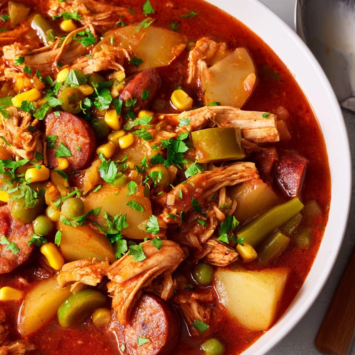 Golden Brunswick Stew simmering with corn, lima beans, and smoked sausage in a deep Dutch oven