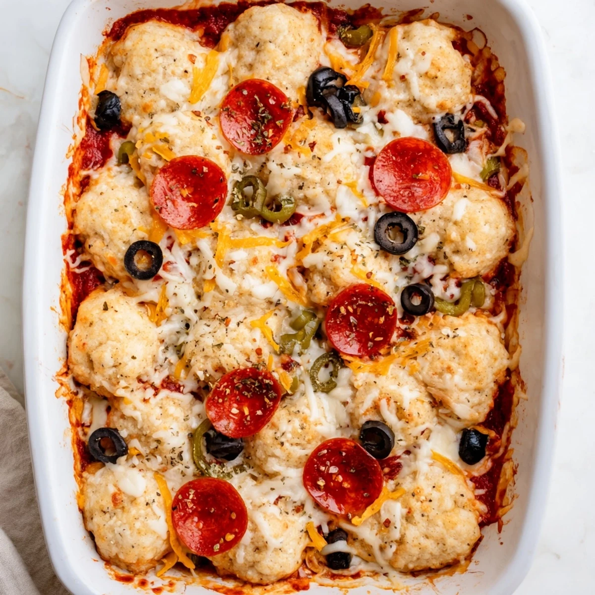 Golden biscuit pieces bubble through layers of melted mozzarella and zesty pizza sauce in this Bubble Up Biscuit Pizza Casserole