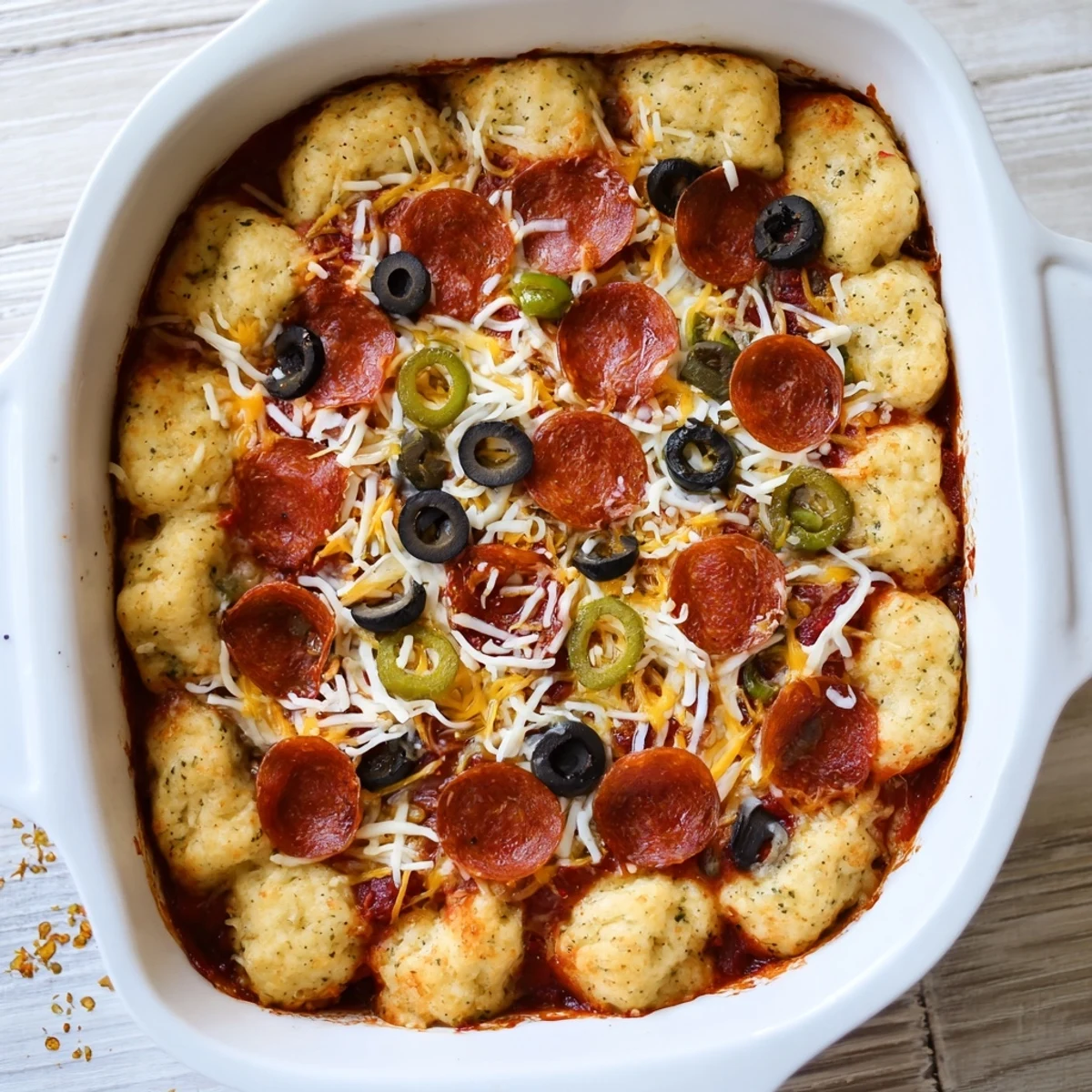 Family-friendly Bubble Up Biscuit Pizza Casserole with pepperoni, olives, and fluffy dough baked until golden brown and bubbling