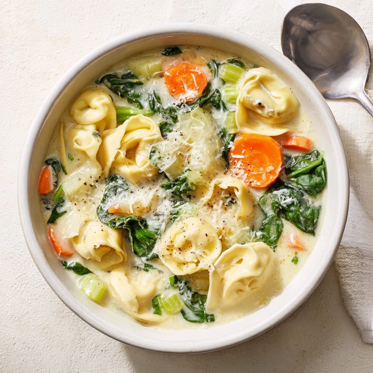 Creamy Instant Pot tortellini soup with tender vegetables and cheese tortellini in rich broth