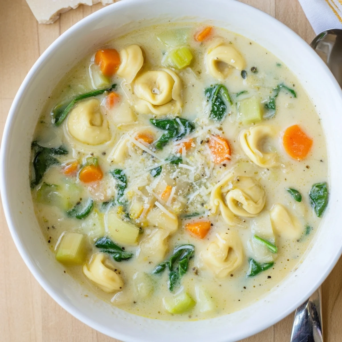 Golden cheese tortellini floating in savory creamy broth made in the Instant Pot