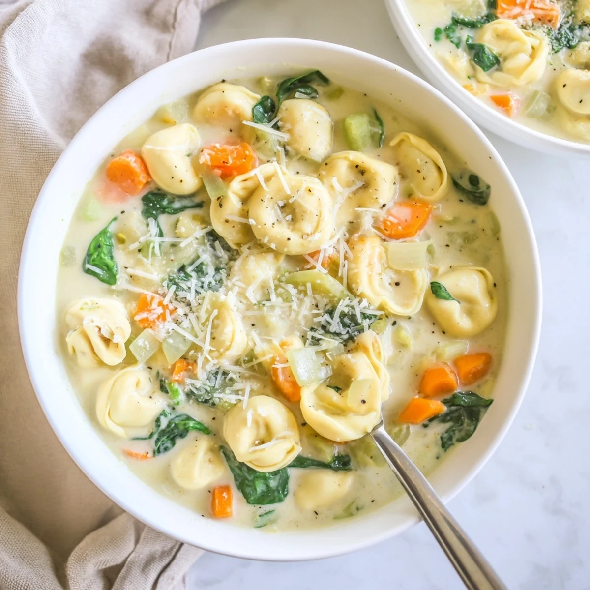 Steaming bowl of Instant Pot creamy tortellini soup topped with fresh grated Parmesan cheese