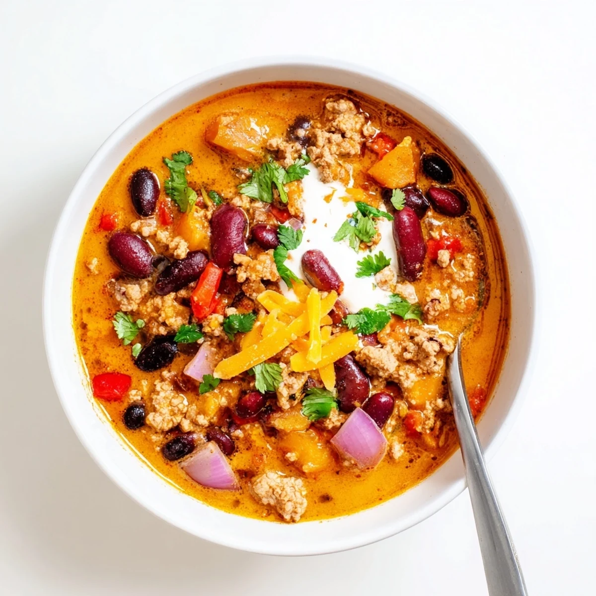 Hearty turkey pumpkin chili simmered in a pot with colorful beans and vibrant spices